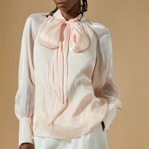 New 2026 Pink Tie Collar Silky Blouse